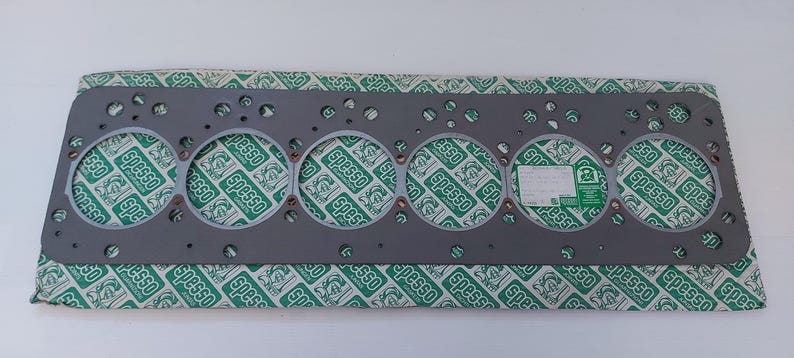 Puede incluir: Una junta de culata gris con seis grandes aberturas circulares y numerosos agujeros m&aacute;s peque&ntilde;os. La junta est&aacute; sobre papel estampado verde y blanco. Una peque&ntilde;a etiqueta est&aacute; adherida al papel.