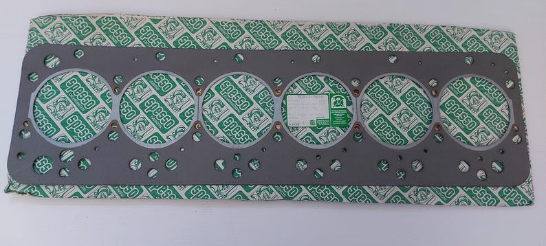 Puede incluir: Una junta de culata gris con seis grandes aberturas circulares y numerosos agujeros m&aacute;s peque&ntilde;os. La junta est&aacute; sobre un papel estampado verde y blanco con la palabra "spesso" repetida. Se adjunta una peque&ntilde;a etiqueta.