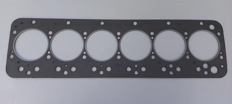 Puede incluir: Una junta de culata gris con seis grandes aberturas circulares y numerosos agujeros m&aacute;s peque&ntilde;os. La junta es rectangular con esquinas redondeadas y un interior de color claro. La imagen es una toma de cerca de la junta.