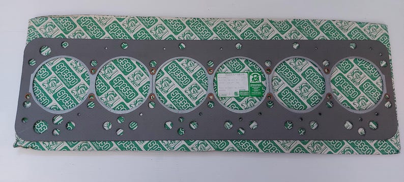 Puede incluir: Una junta de culata gris con seis grandes aberturas circulares y numerosos agujeros m&aacute;s peque&ntilde;os. La junta est&aacute; sobre un papel estampado verde y blanco con la palabra "Spesso" repetida. Una peque&ntilde;a etiqueta es visible.