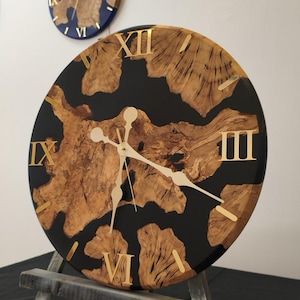 Handmade Olive Wood & Black Epoxy Resin Wall Clock - 50cm Silent Quartz