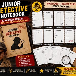 May include: A Junior Detective Notebook printable set featuring ten pages including case details, clue trackers, evidence logs, crime scene sketches, witness interviews, event timelines, additional notes, case summaries, outcomes, and a certificate.