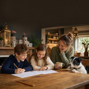 Peut inclure: Une table en bois avec deux enfants dessinant sur du papier blanc avec des crayons, un adulte tenant une tasse en céramique bicolore et un petit chien noir et blanc. En arrière-plan, une lanterne en métal et un château jouet sont visibles.