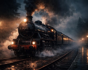 May include: A vintage black steam train with bright headlights and a plume of dark smoke travels along a wet track. The scene is illuminated by warm streetlights, creating a moody, atmospheric image.