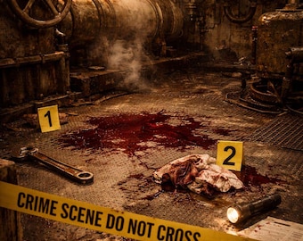 May include: A crime scene with blood stains, a wrench, a knife, and a flashlight. Yellow tape reads "CRIME SCENE DO NOT CROSS". Evidence markers 1 and 2 are present. The scene is set in a dimly lit, industrial environment.