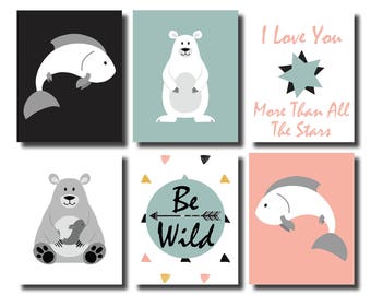 Polar Bear Nursery, Polar Bear Art, Polar Bear Prints,Woodland Nursery Decor, Aztec Nursery Decor, Wall Art Set of 6