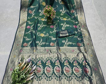 Green Banarasi Silk Saree: Handmade Ethnic Sari with Woven Blouse