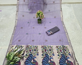 Purple Muga Cotton Saree, Peacock Border, Indian Sari With Blouse