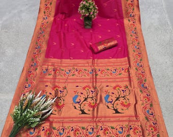 Saree in seta Pethani rosa morbido, sari da designer per matrimoni e celebrazioni, sari