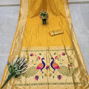 paithani dress design Orange Jacquard Silk Paithani Gown