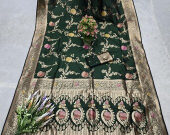 Dark Green Banarasi Silk Saree: Traditional Indian Wedding Attire