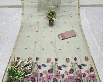 Soft Muga Cotton Saree, Floral Butterfly Garden Print, Meenakari Weaving, Wedding Wear