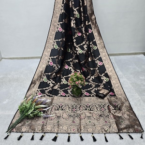 Sari de seda Banarasi preto macio, elegante, tradicional, para ocasiões festivas, presente para mulheres, sari macio para casamentos e presente para ela