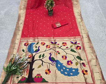 Feestkleding rode paithani zijden sari, traditionele handgeweven Indiase sari, sari met blouse