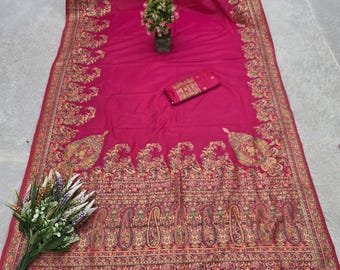 Pink Pashmina Silk Saree With Blouse For Women, Elegant Traditional Dress for Ethnic Wear