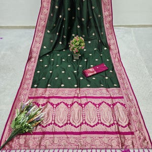 Green Soft Silk Saree: Banarasi Zari & Meenakari Work