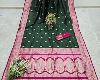 Grüner weicher Saree: Banarasi Zari & Meenakari Arbeit