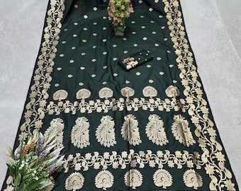 Sari de seda Banarasi verde de estilo étnico para bodas indias y ocasiones especiales.