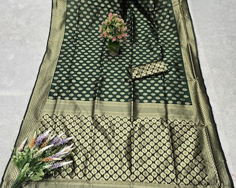 Sari de seda lichi verde, pallu jacquard, vestido étnico