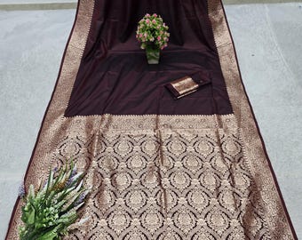 Hochzeitskleidung Braun Gala Seide Saree, Luxuriöses Besticktes Kleid für Festivals, Brautgeschenk