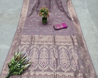 Lilac Soft Silk Saree: Banarasi Zari, Meenakari Design, Wedding & Festival Wear