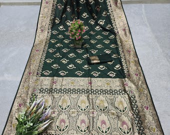 Dark Green Banarasi Silk Saree: Traditional Bridal Festival Wear Gift for Women