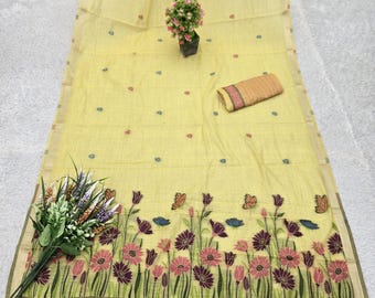 Pastel Yellow Muga Cotton Saree, Floral Butterfly Border, Indian Festive Wear, Meenakari Weaving