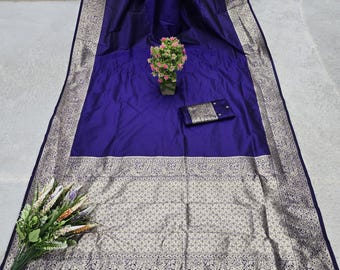 Blue Gala Silk Saree: Lekkie tradycyjne etniczne sari, sari na imprezę