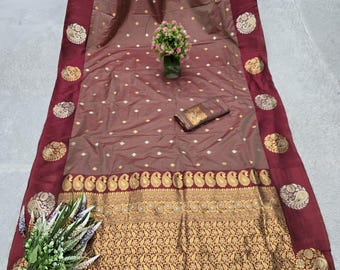 Maroon Silk Saree, Golden Zari Work, Banarasi Indian Wedding Festive Wear