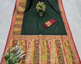 Grüner Pashmina Seide Saree, bereit zu tragen Kontrast Bluse, besondere Anlässe Saree, Hochzeit Sari