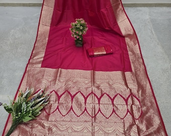 Roze gala zijden sari, Indiase sari voor dames in Zuid-Aziatische mode, sari's