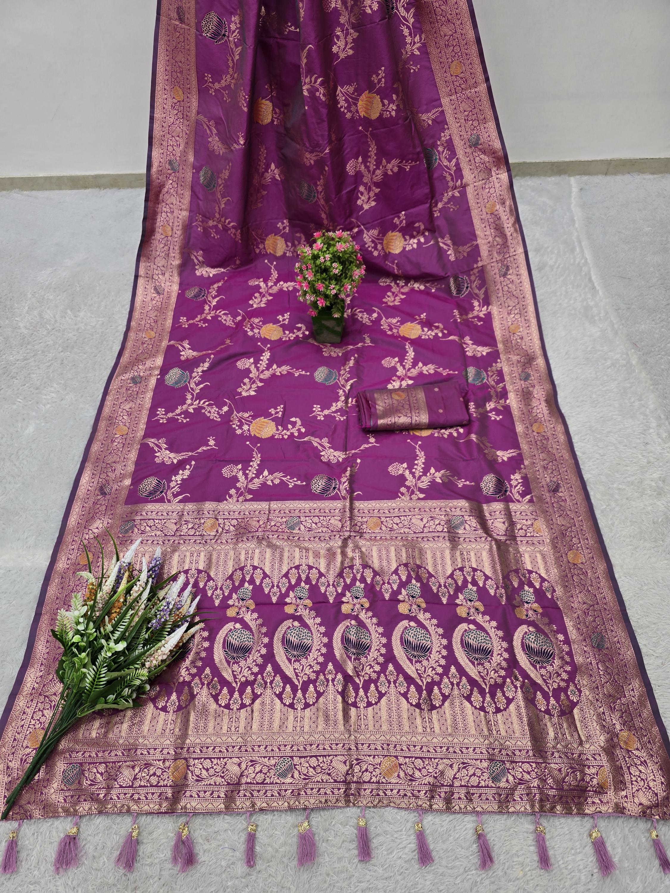 Rani Pink Banarasi Silk Saree: Gold Lace Border, Ethnic Women's Wear