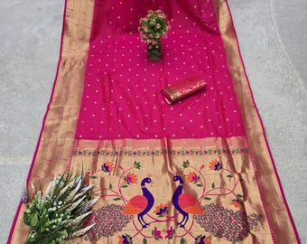 Rani Pink Soft Silk Saree, Gold Zari Weaving, Peacock Pallu