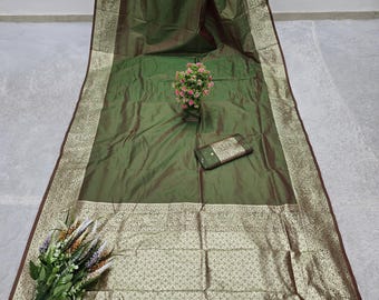 Olive Green Gala Silk Saree: Zari Weave Rich Pallu, Indian Wedding