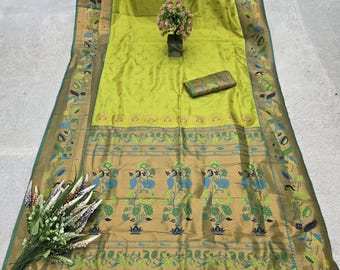 Parrot Green Silk Saree | Teal Border, Gold Zari Pallu, Floral Peacock Motif, Festive Sari
