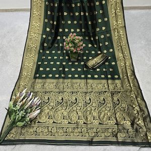 Green Soft Litchi Silk Saree – Elegant Traditional Dress for Weddings & Festivals – Perfect Gift for Women , Elegant Ethnic Wear Saree