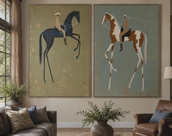 Mid-Century Modern Western Diptych,Cowboys&Horses Abstract Art,Hand Painted Rustic Wall Decor,Vintage Style Living Room Statement Piece