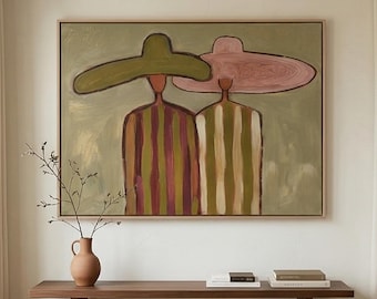 Paar portret olieverfschilderij, westernhoed kunst aan de muur, twee figuren canvas, folk moderne kunstwerken, eclectische woondecoratie, neutrale statementkunst