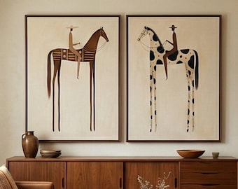 Conjunto de 2 pinturas minimalistas al óleo de caballos, díptico de jinete del oeste para pared, lienzo ecuestre neutro, decoración moderna de rancho para sala de estar y dormitorio.