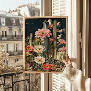 Lienzo decorativo de jardín de cactus en flor – Impresión botánica vintage del desierto