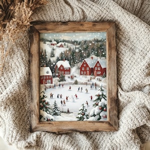 Impresión artística en lienzo de un pueblo invernal: Escena navideña vintage