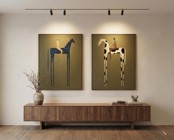 Minimalist Western Horse Art Set, Modern Cowboy Wall Decor, Abstract Long-Legged Horse Painting Pair, Neutral Rustic Canvas for Living Room