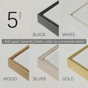 May include: Image showcasing a selection of picture frame colors: black, white, wood, silver, and gold. The number 5 and the word "DESIGN" are also visible. Text reads "Add your favorite frame color in personalization!"