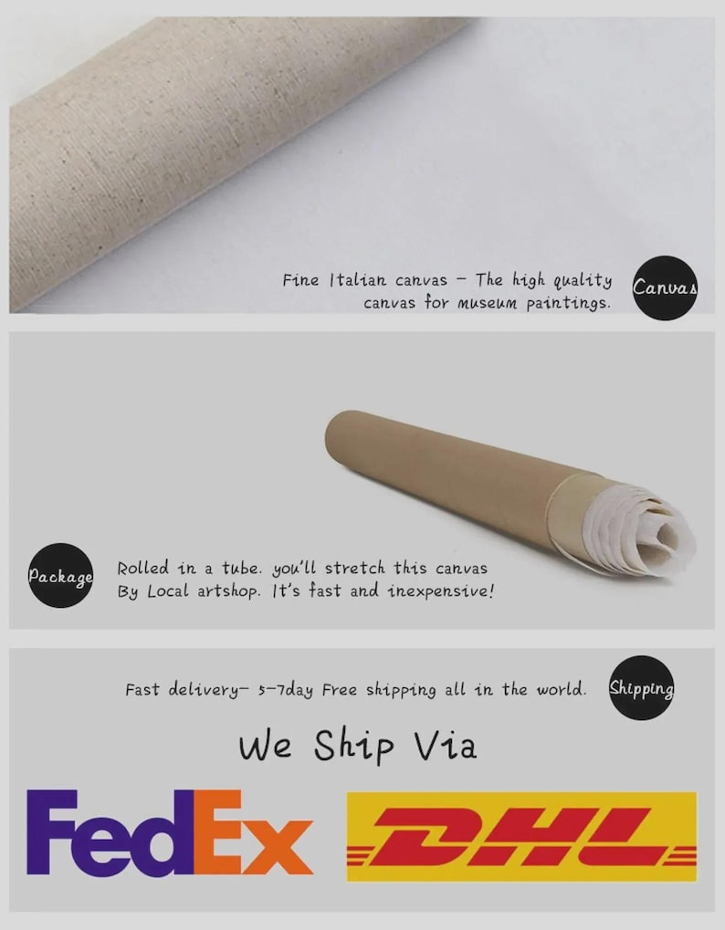 May include: Rolled canvas in a tube, ready to stretch. The text reads "Fine Italian canvas - The high quality canvas for museum paintings." The image also shows the FedEx and DHL logos.