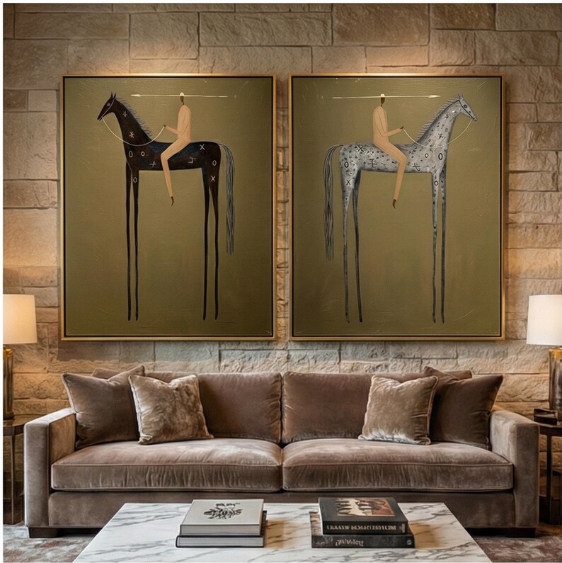 Mid-century Elongated Horse Diptych,minimalist Surreal Riders on Tall ...