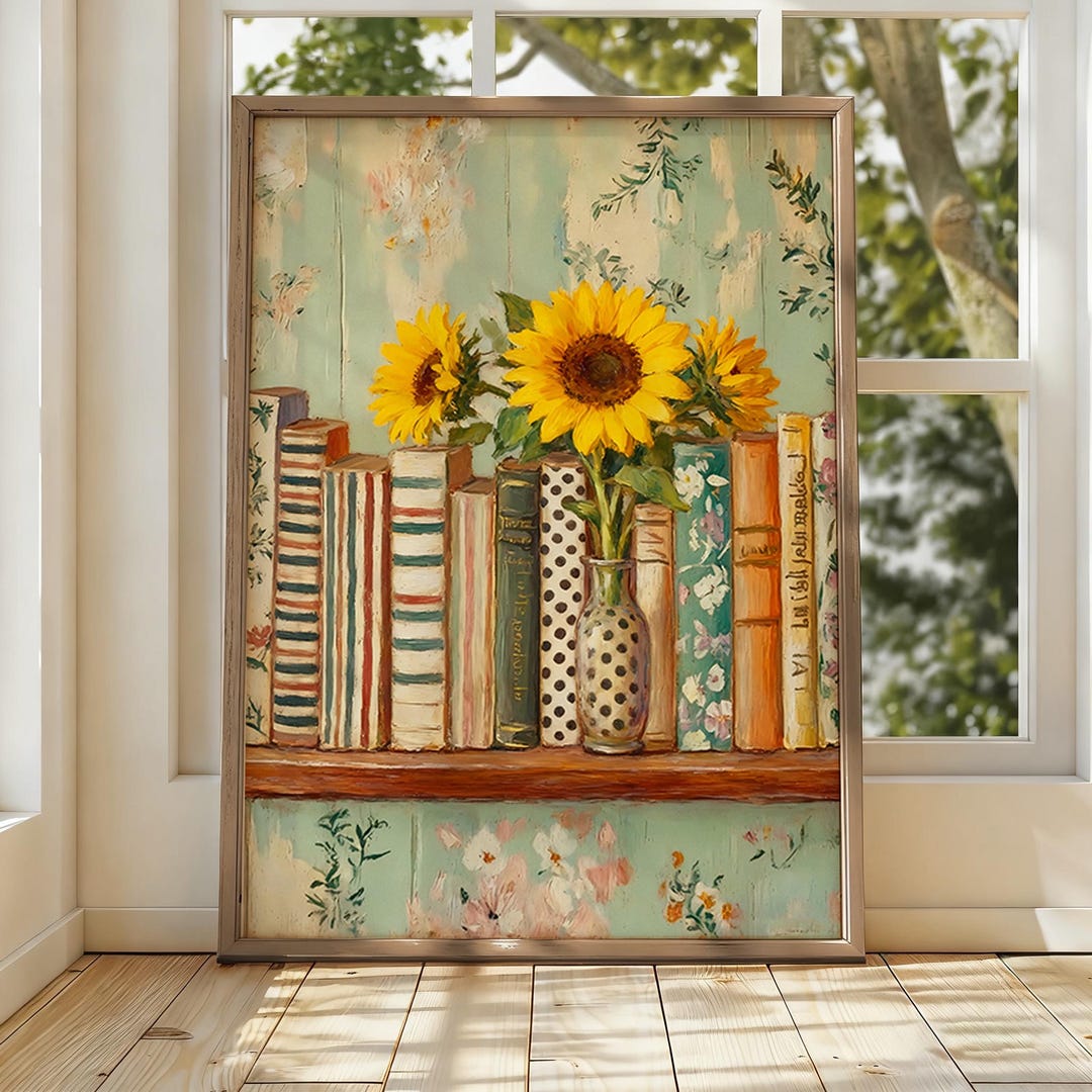 Sunflower Bookshelf Art Print – Vintage Cottagecore Library Poster - Etsy