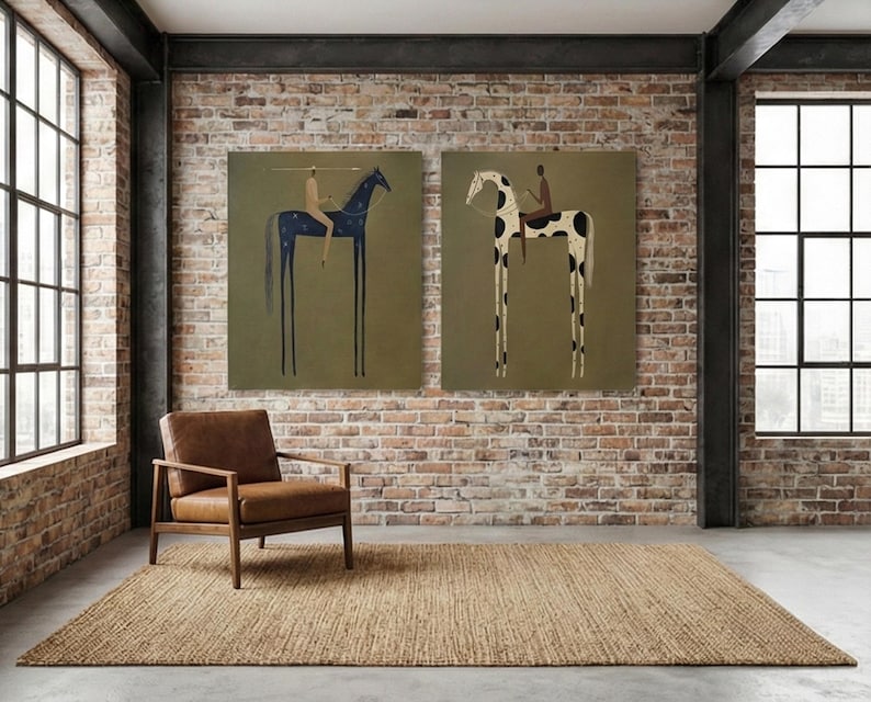 May include: Two large canvas art pieces depict stylized horses with riders against an olive green background. One horse is blue with white dots, the other is black and white. A brown leather armchair and a woven rug complete the room.