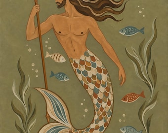 Pintura al óleo de sirena, arte mural costero caprichoso, lienzo folclórico oceánico, decoración de mujer marina mítica para baño, dormitorio, guardería o casa de playa.