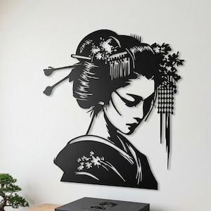 Elegant Geisha Metal Wall Art, Japanese Aesthetic Woman Decor, Zen Home Wall Hanging, Unique Asian Inspired Art Gift