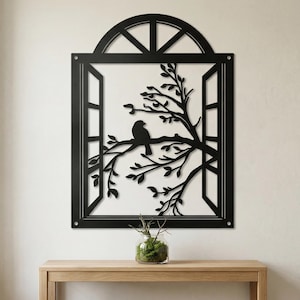 Bird on Branch Metal Wall Art, Arched Window Frame Decor, Rustic Nature Silhouette, Unique Housewarming Gift